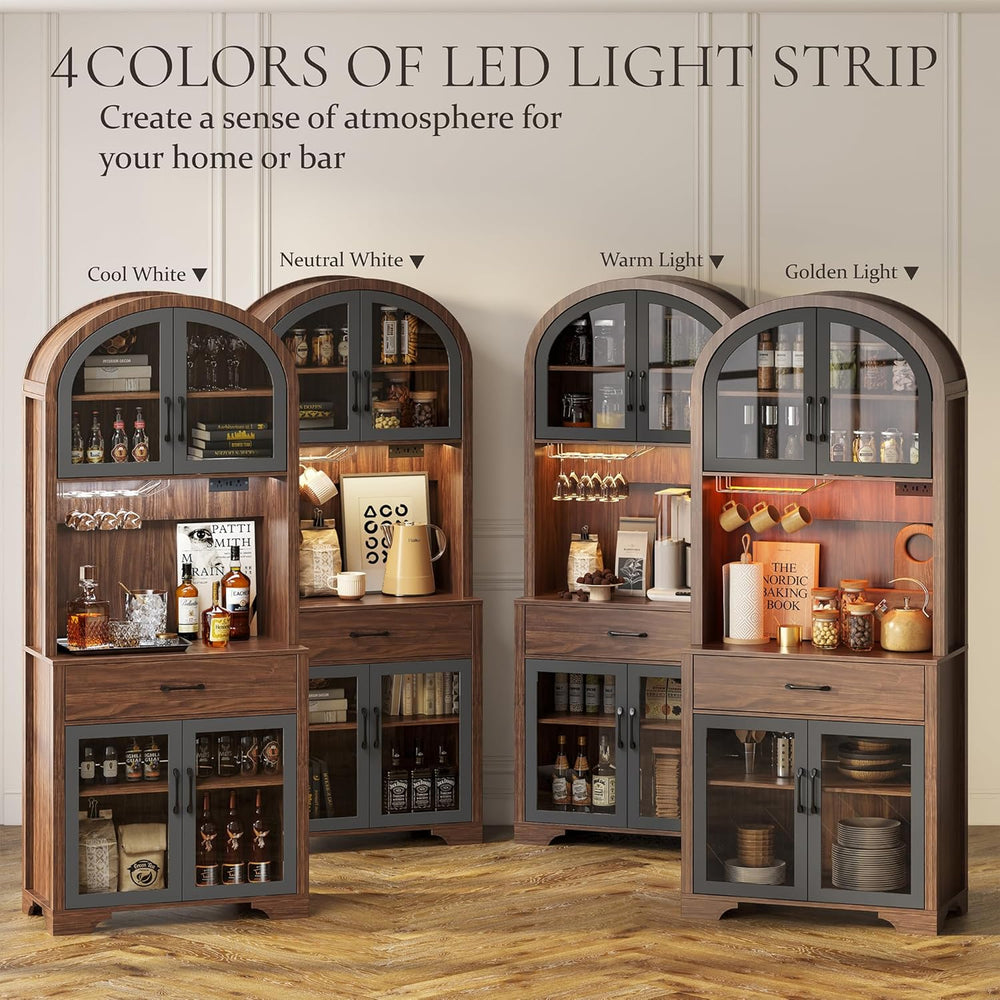 75" Tall Arched Pantry Cabinet with Charging Station & LED Light, Ki...