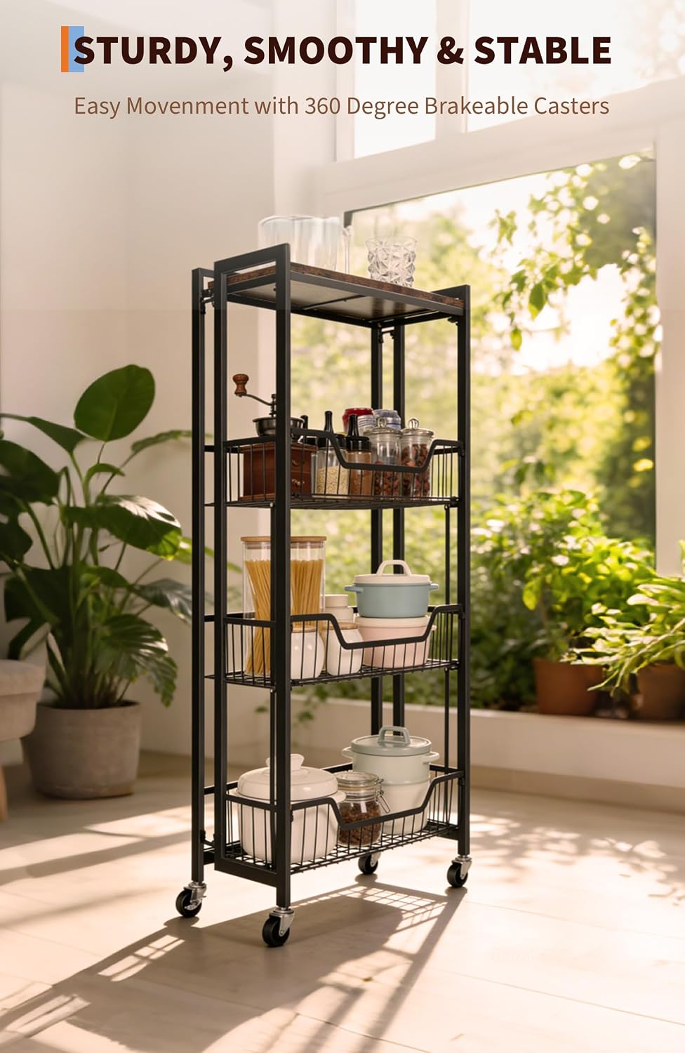 Garvee Large 4-Tier Foldable Storage Cart with Lockable Caster - 100Lbs Loadi...