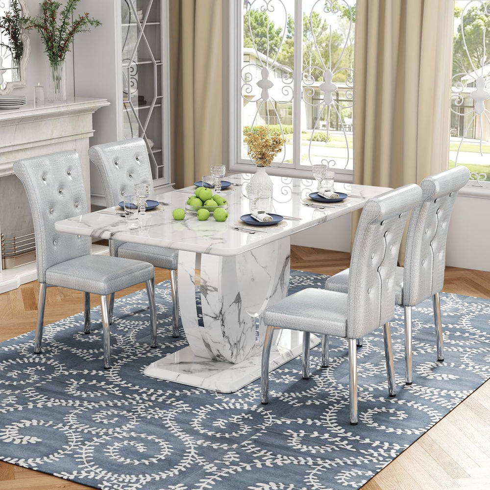 Modern Faux Marble Dining Table Set for 4, 63" White Rectangular Kitchen...