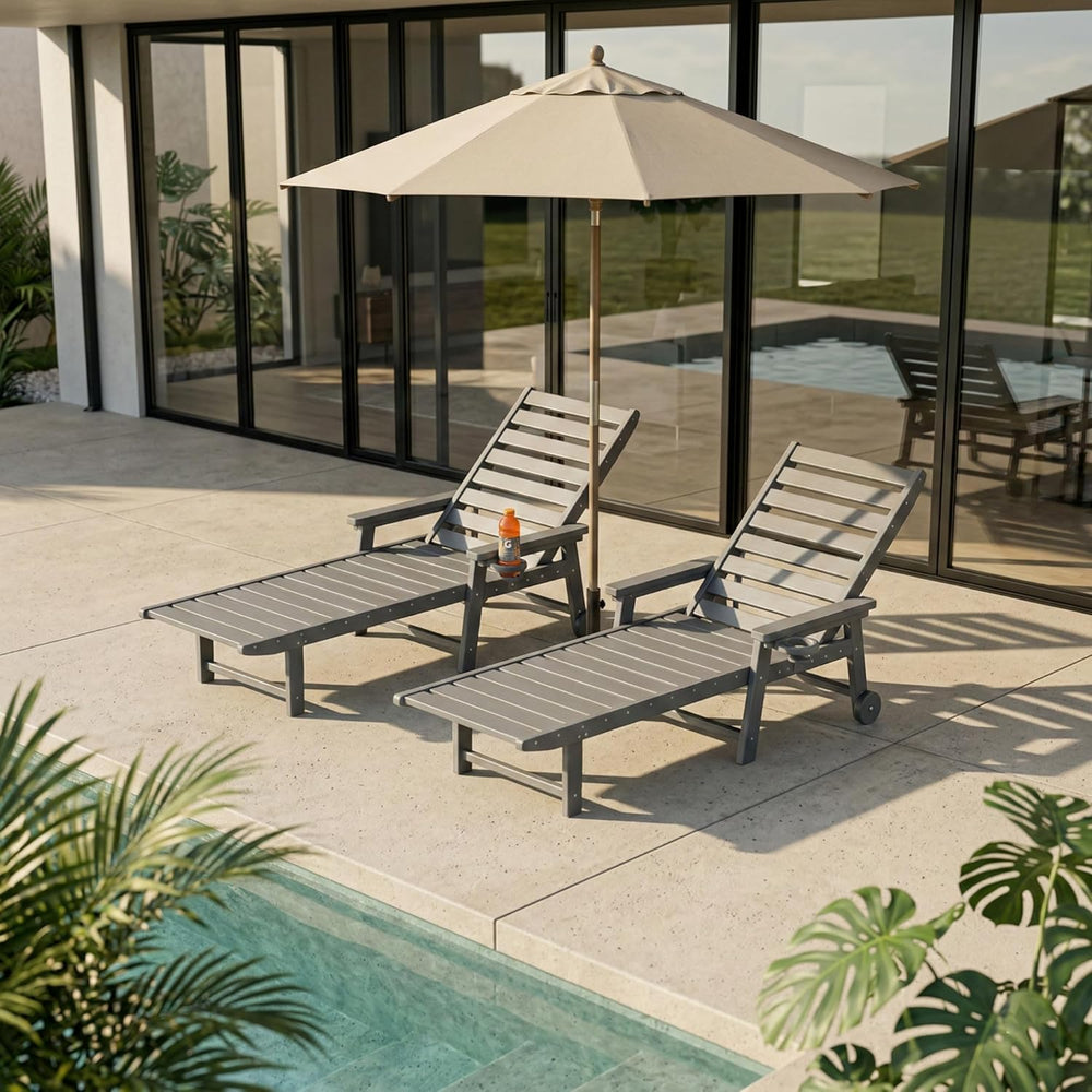 5-Position Adjustable Lounge Chair Outdoor, HDPE Outdoor Chaise Lounge with C...