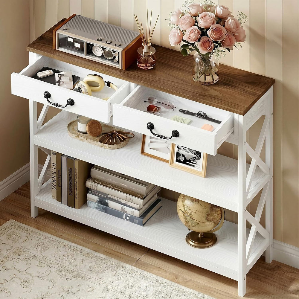 IRONCK 39.4" Farmhouse Console Table with Storage, White/Walnut | Narrow...
