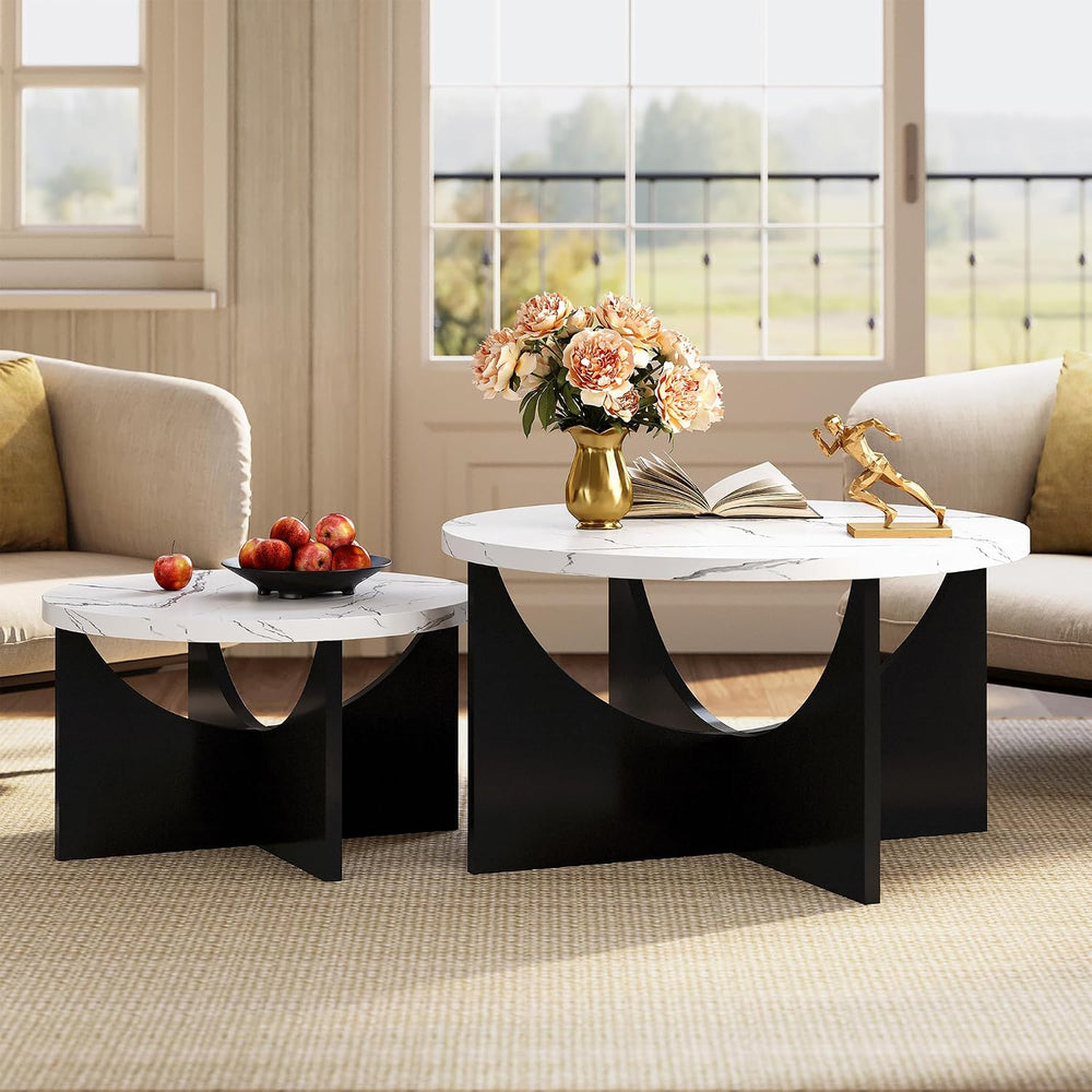 LIKIMIO Nesting Coffee Tables Set of 2, 31.5" Round Tables, Marble White