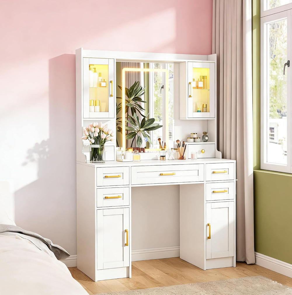 NUNU LAB 42.3 Inchs Large Vanity Desk with Mirror and Lights | 6 Drawers and ...
