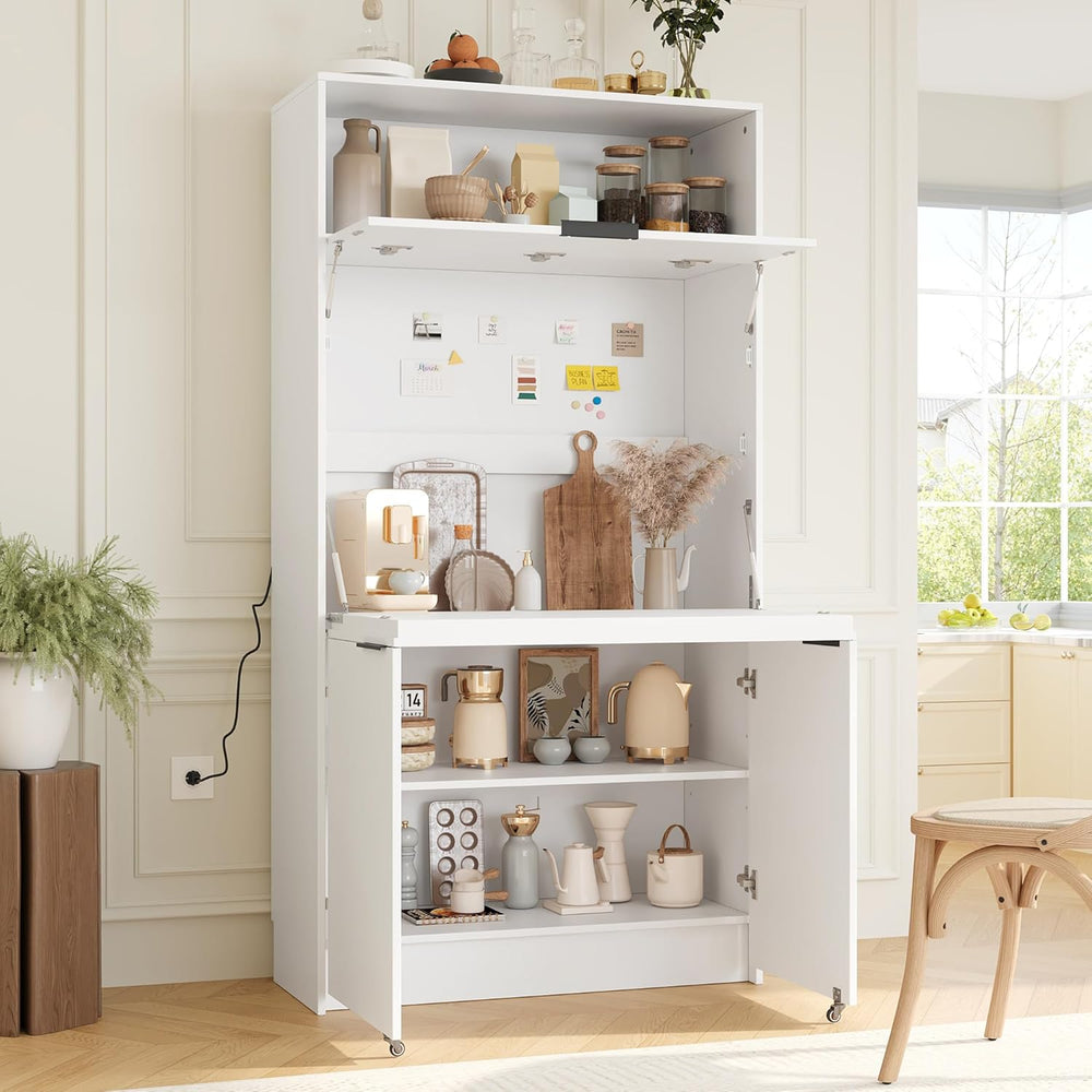Pantry Cabinet with Hutch and Foldable Workstation, Multifunctional Wood Cupb...