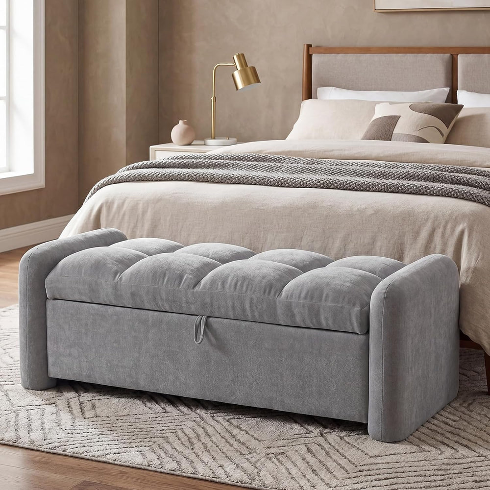 Oversized Chenille Ottoman Bench with Storage, Upholstered End of Bed Bench f...