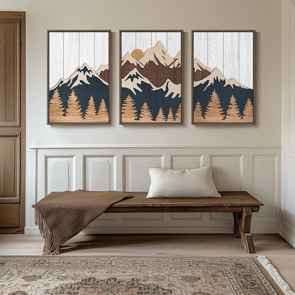 Large Framed 3D Wood Mountain Wall Art Decor for Living Room, 24x36 Inch