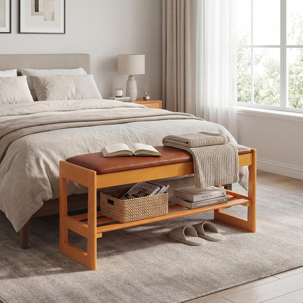 Giantex Shoe Rack Bench with Storage, Rubberwood Entryway Bench with Faux Lea...