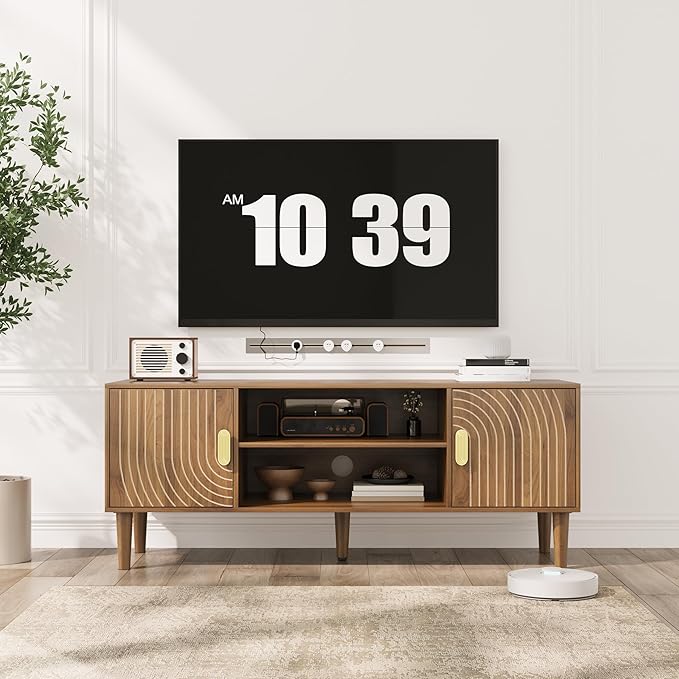 Smuxee Walnut TV Stand with Line Groove Design, 47.2" Mid Century Modern...