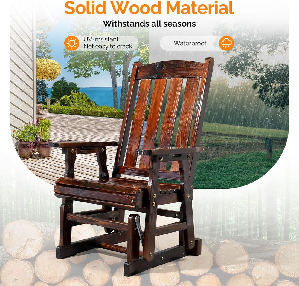 VINGLI Outdoor Glider Chair Wood Patio Glider with Cup Holder, Porch Glider w...