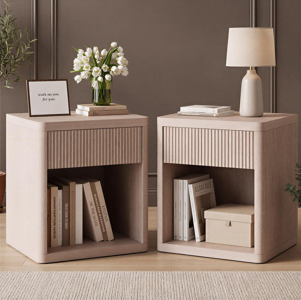 OLIXIS Set of 2 Modern Nightstand, 22.7" Fluted Drawer Wood Bedside Tabl...