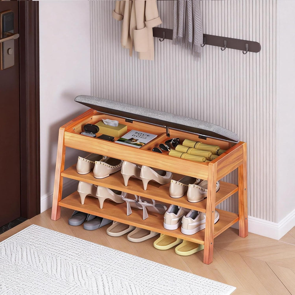 Shoe Rack Bench with Storage, 2-Tier Entryway Bench with Cotton-Linen Cushion...