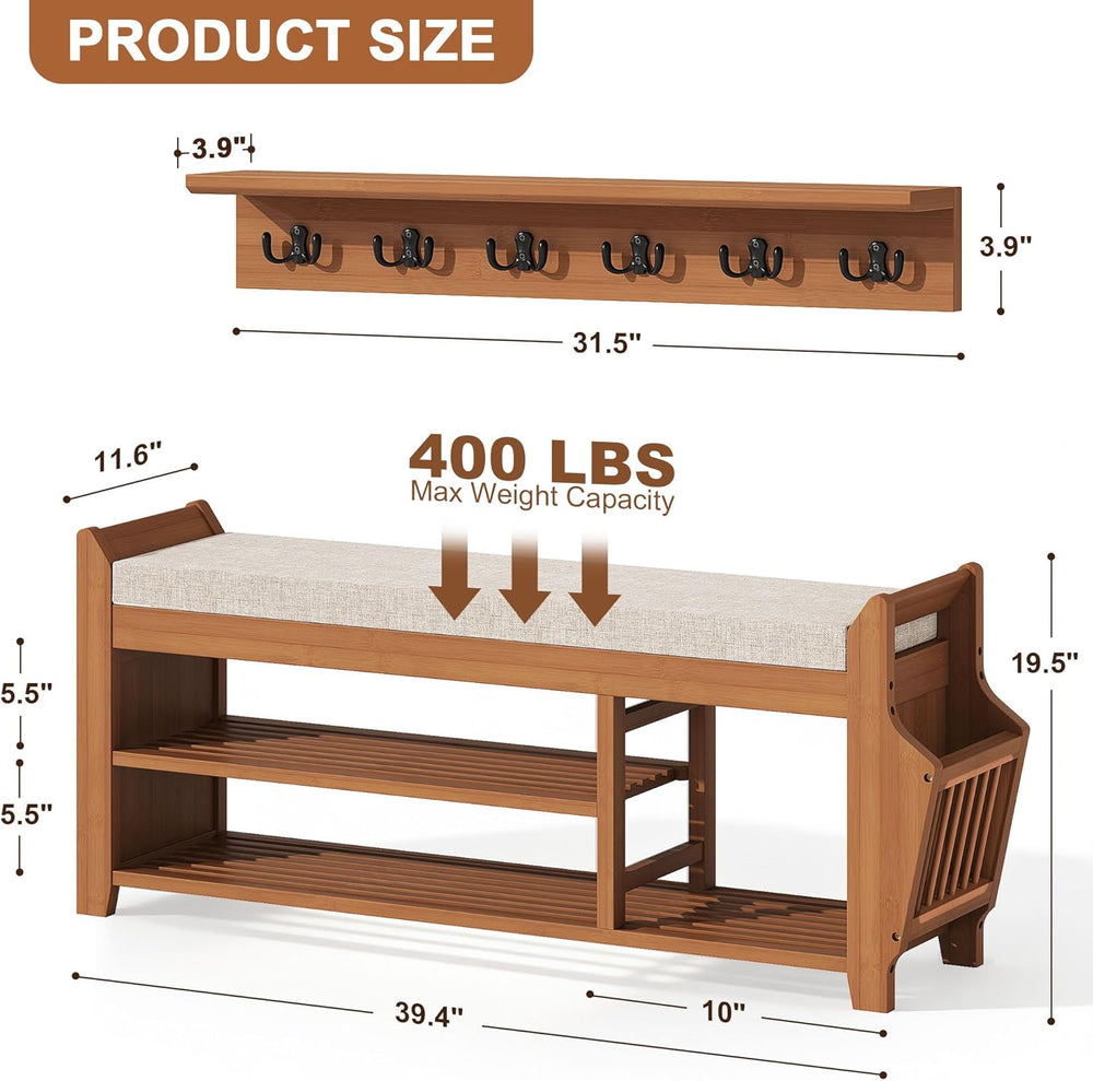 PETKABOO 39.4" Shoe Bench with Coat Rack Hidden Drawer and Side Holder, ...