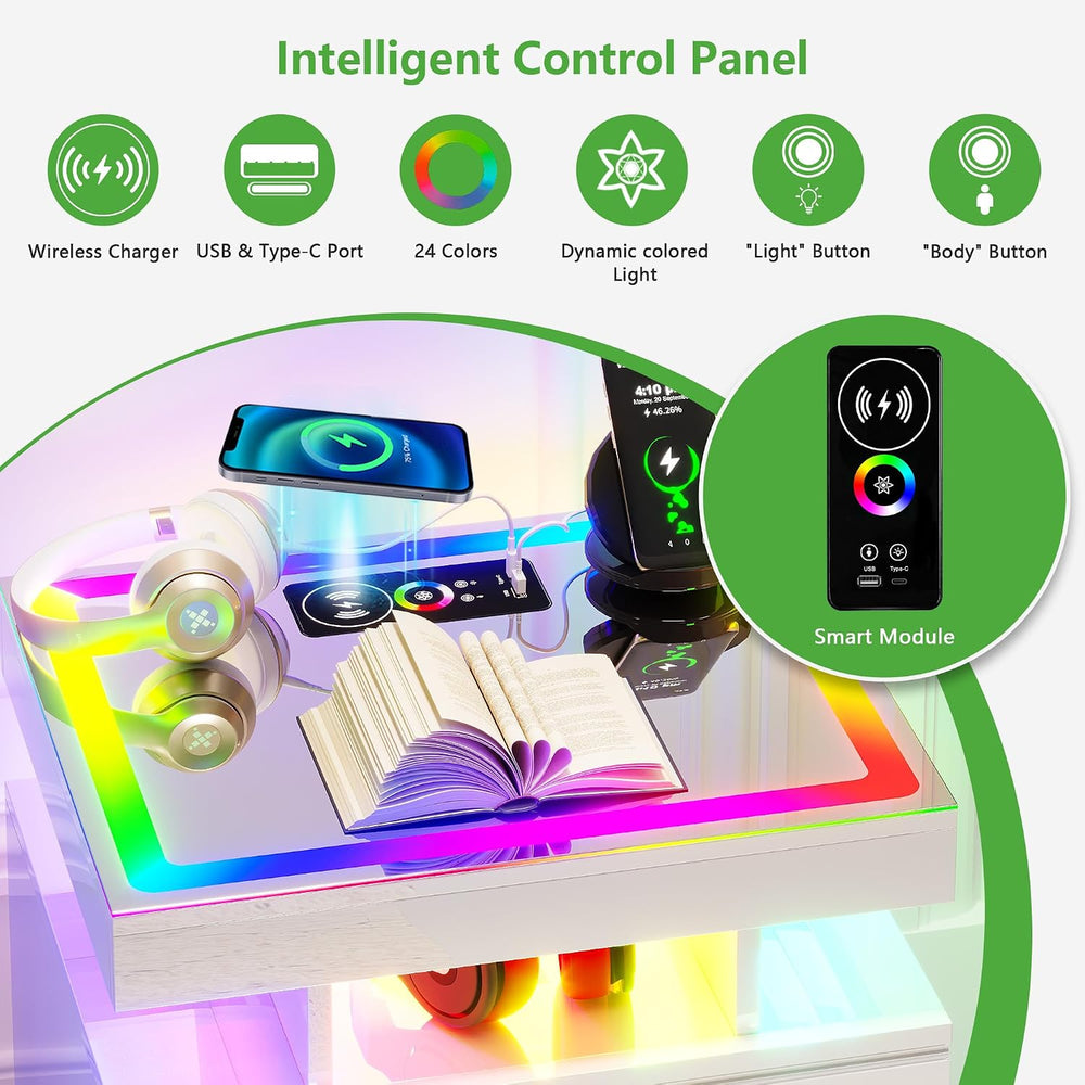 HNEBC Night Stand Set 2 with Wireless Charging Station& Remote Lights,Whi...