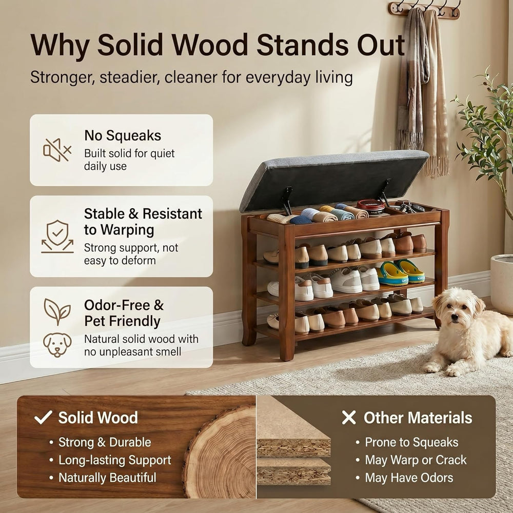 Solid Wood Shoe Bench with Storage, Flip-Top Soft-Close Lid, Adjustable Shelv...