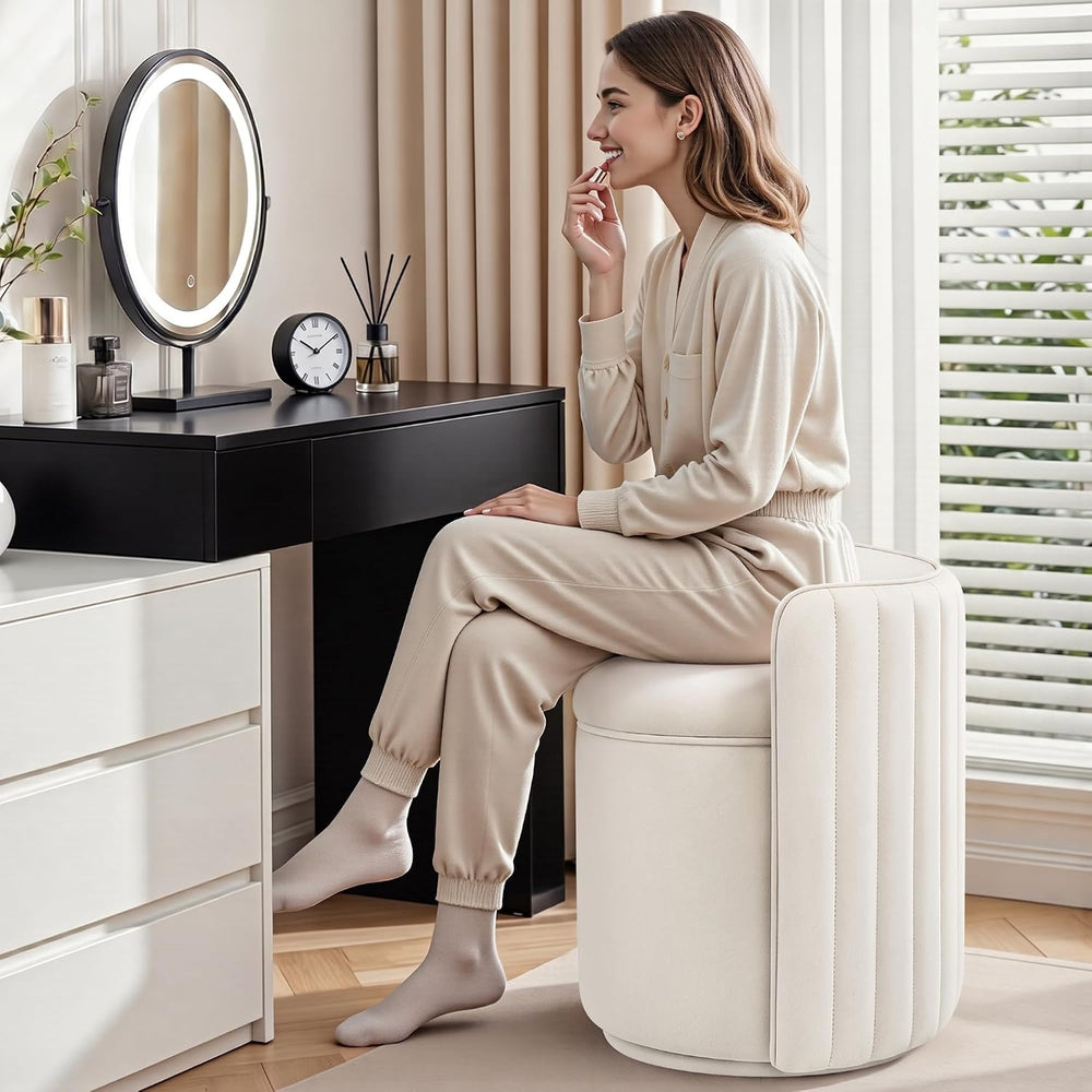 Vanity Chair with Storage, 360° Swivel Velvet Makeup Stool with Wave Backrest...