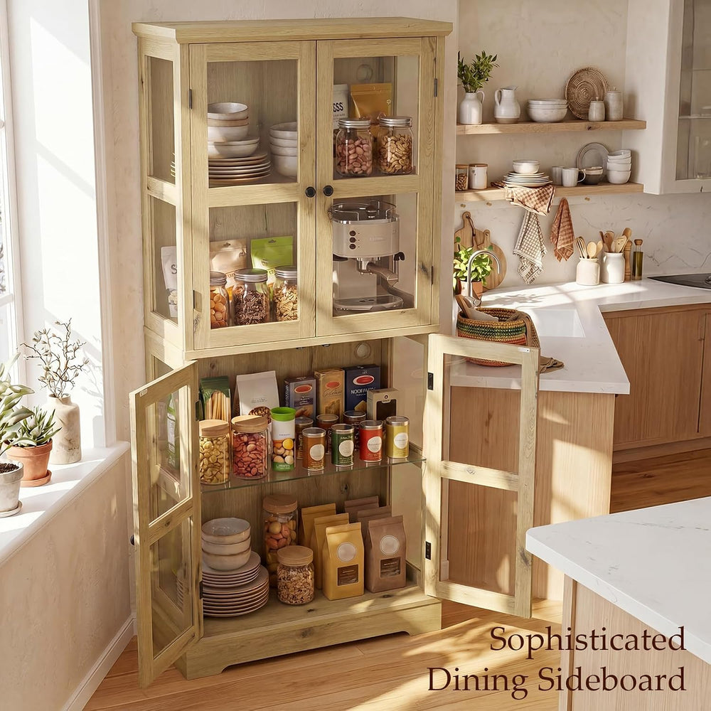 68" Tall Glass Display Cabinet with RGB LED Lights, Yellow Oak | 4-Tier ...