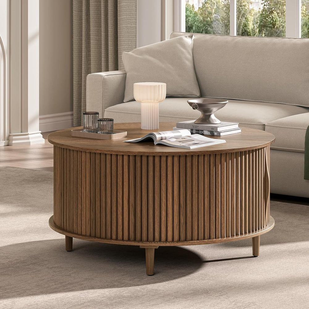 JOINICE 31.5" Round Coffee Table with Storage for Living Room, Walnut