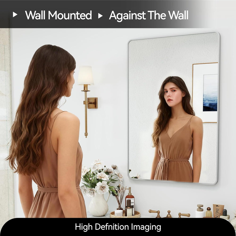 36x24 Bathroom Mirror Rect Wall Mounted Aluminum Metal Frame Silver