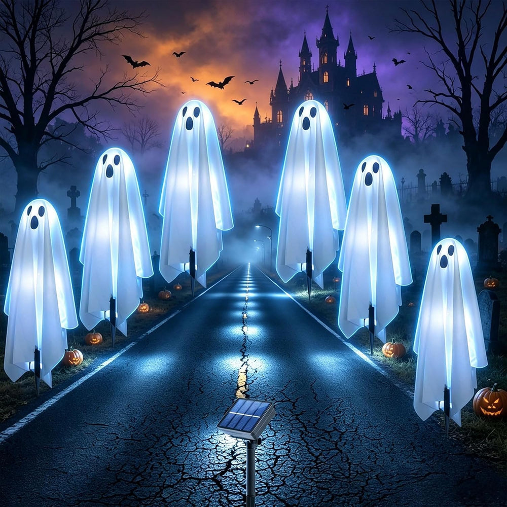 6 Pack Halloween Solar Ghost Lights Outdoor Decorations, 12.82FT Spooky Ghost...