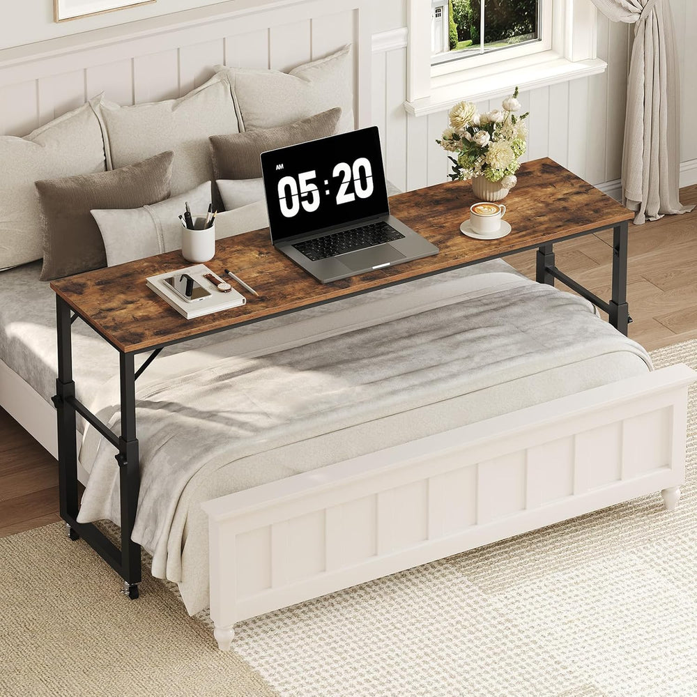 MAHANCRIS Overbed Table with Wheels, Mobile Bed Desk for Queen Size, Rustic