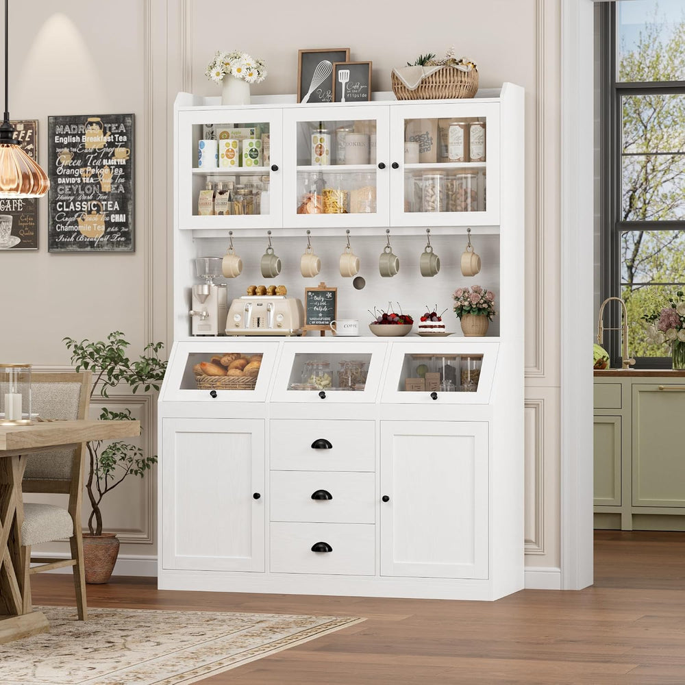 HIFIT 71.4” H Kitchen Hutch Pantry Cabinet with 3 Bread Boxes&7 Metal Hoo...