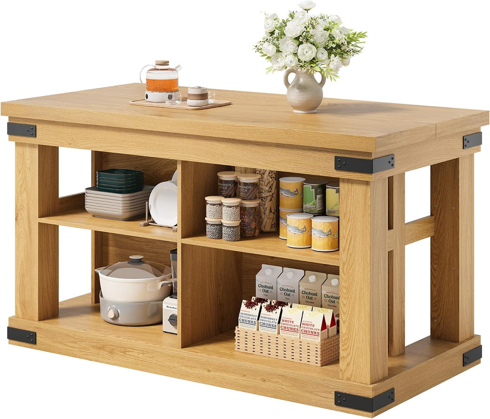 Viviwood 55" Kitchen Island with Storage and Seating, Farmhouse Wood Sta...