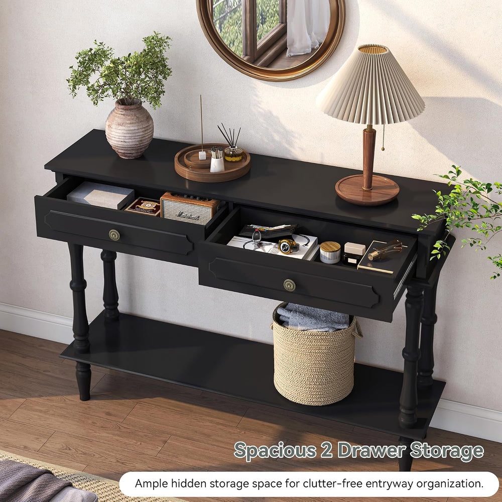 Console Table with 2 Drawers&Open Shelf, Black Retro Entryway Table | Dec...