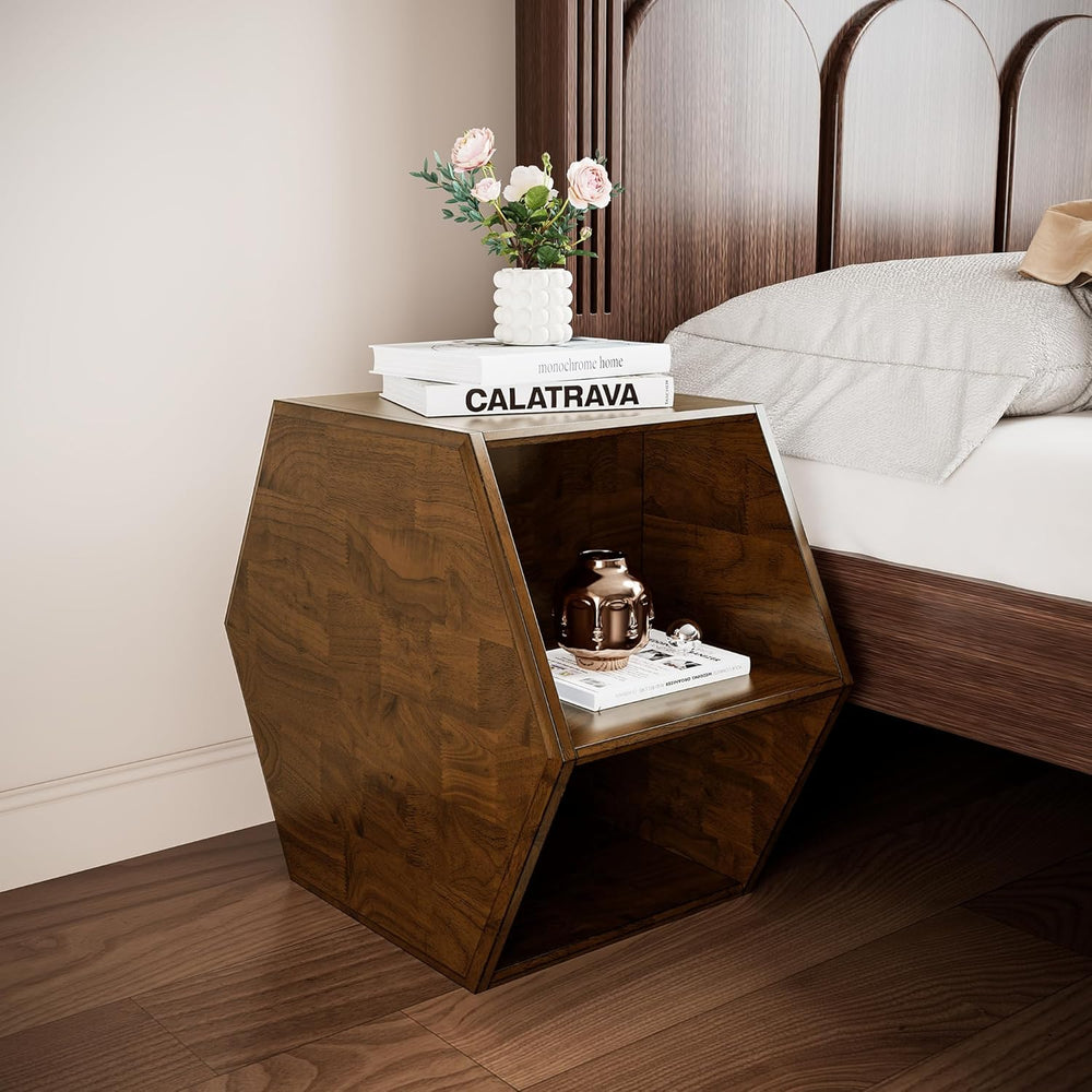 PADMA HOUSE Solid Wood Small End Table, Fully Assembled Hexagon Sofa Side Tab...