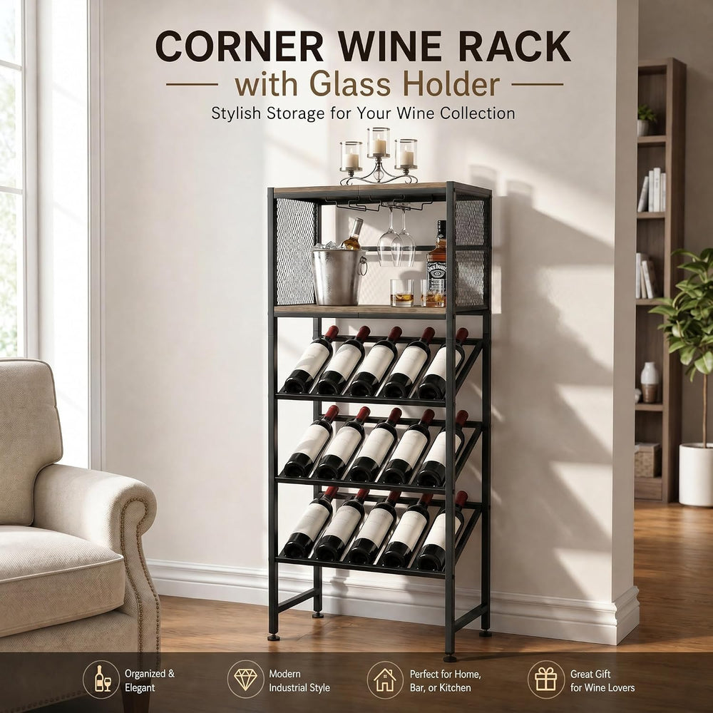 3-Tier Wine Rack Freestanding Floor with Glass & Storage Racks | Space-sa...