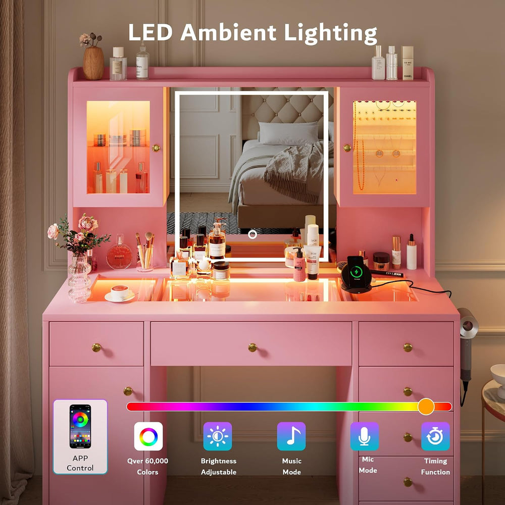 iPormis Vanity Desk with Mirror and Lights, Glass Top Makeup Vanity with RGB ...
