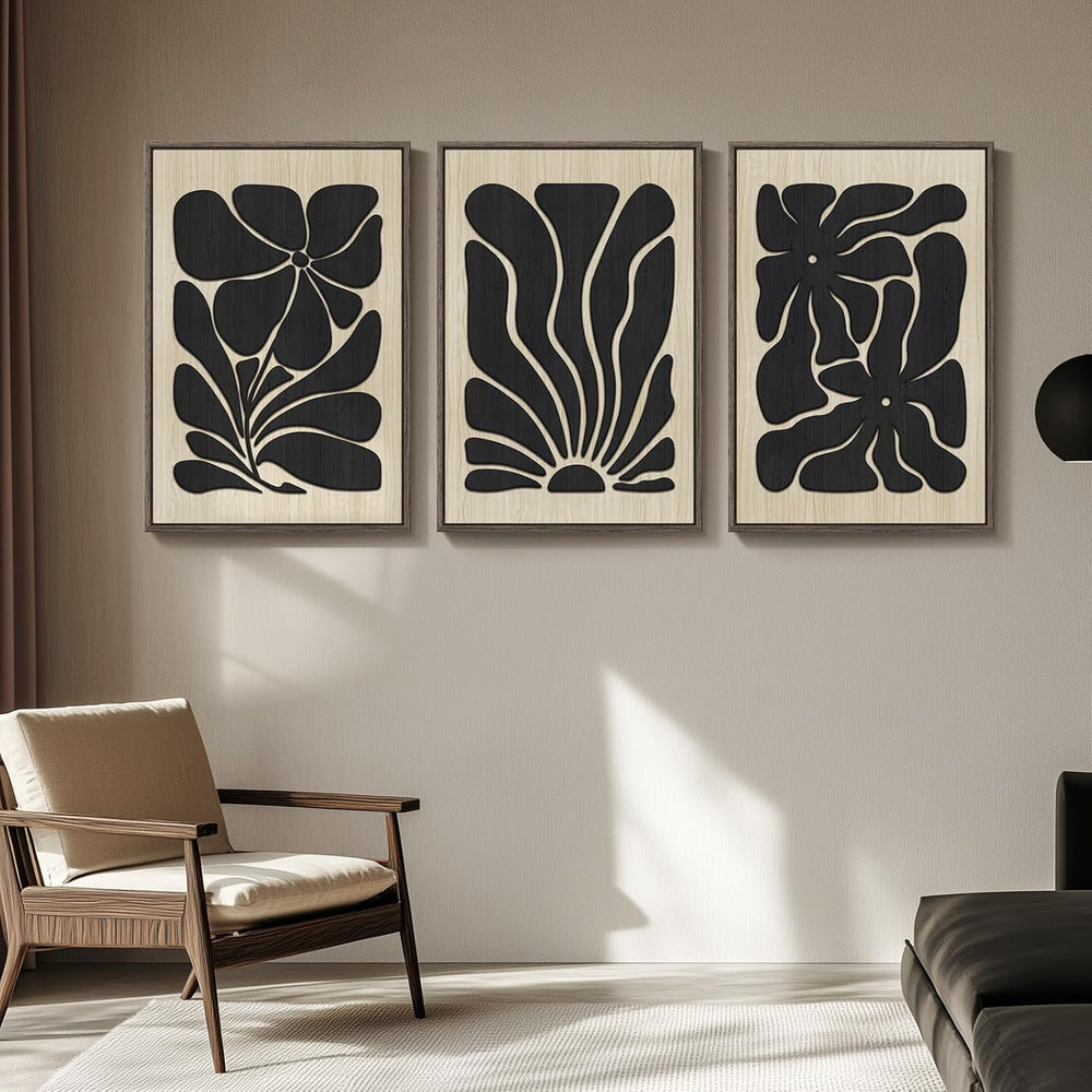 Large Framed Wood 3D Boho Black Floral Wall Art for Living Room, 24x36 Inch