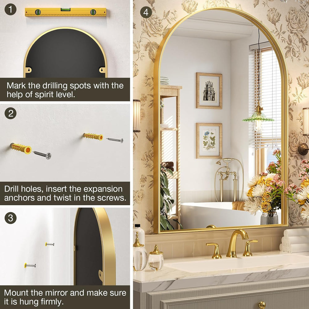 Brightify Gold Arched Mirror, 24 x 32 Inch Arch Wall Mirror, Brass Metal Fram...