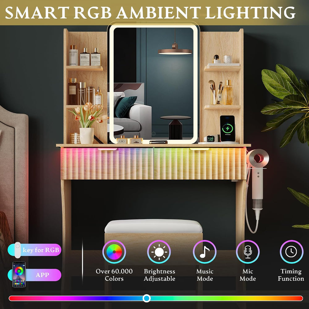 Vanity Desk with LED Lights Mirror & Power Outlet, Small Makeup Vanity Ta...