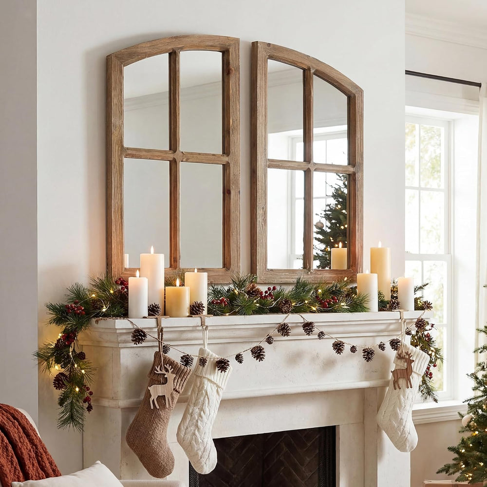 Farmhouse Arched Window Wall Mirrors with Rustic Wood Frame