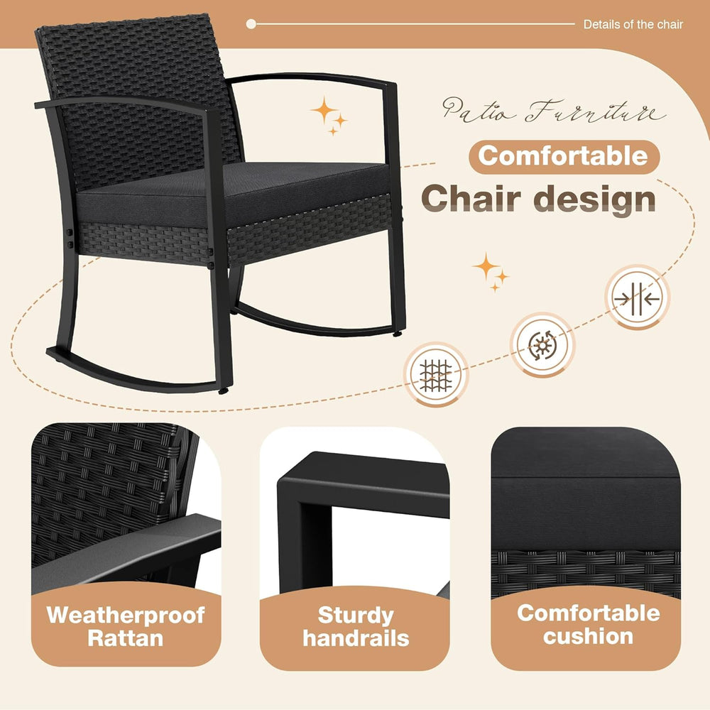 Greesum 3 Pieces Outdoor Furniture Set Patio Bistro Rocking Chairs with Glass...