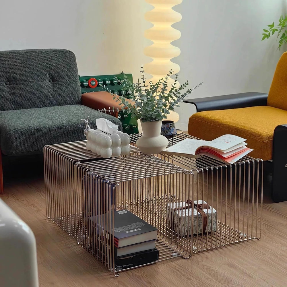 Stainless Steel Side Table, Metal Side Table with Wire Cube Storage, Retro Sq...