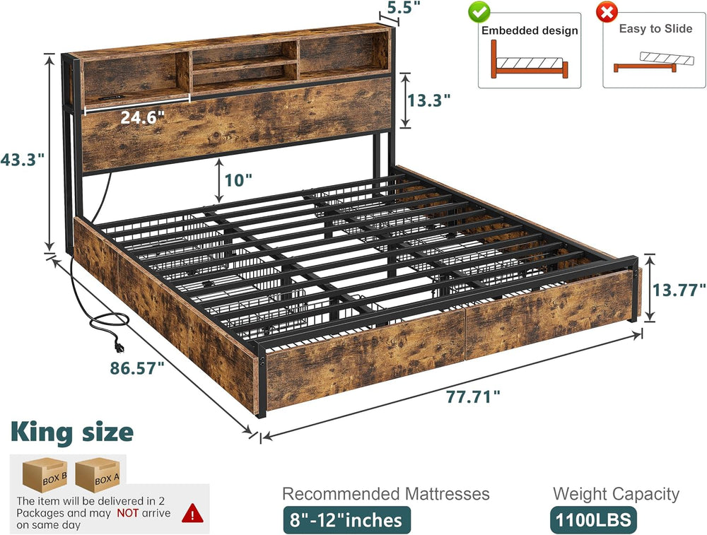 EnHomee King Bed Frame with 6 Storage Drawers, Charge Station,Noise-Free