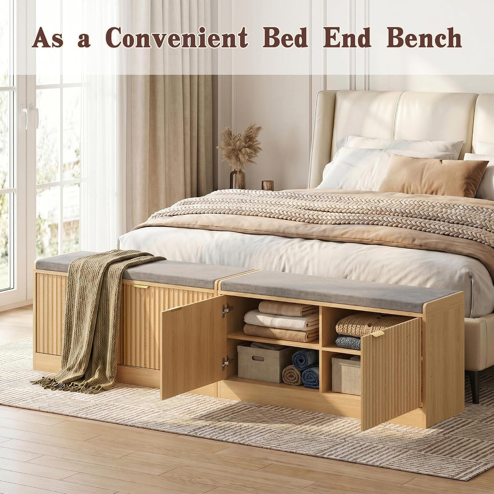 Fluted Shoe Storage Bench with Cushion, 2-Tier Entryway Shoe Bench with Adjus...
