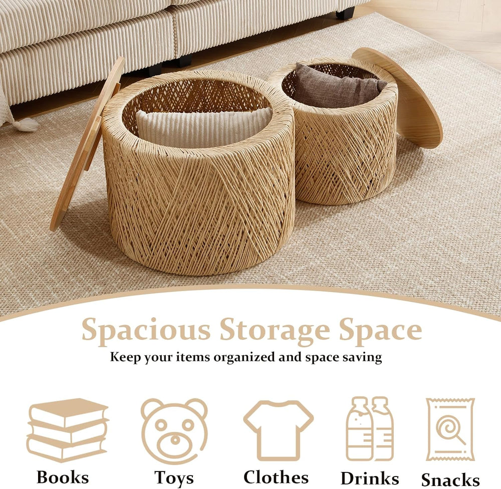Kmax 24" Round Wood Nesting Coffee Table Set of 2 Handcraft Woven & ...