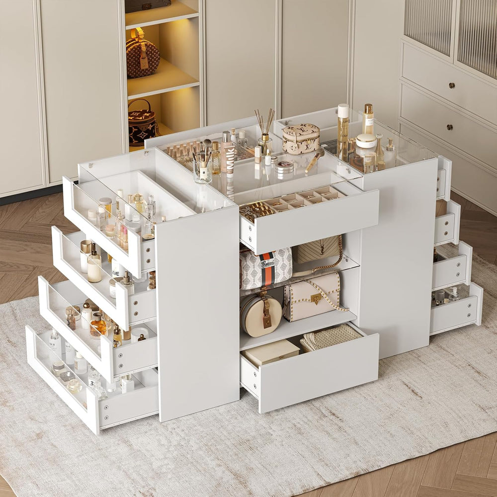LIVAUVEAD Closet Island with 12 Drawers, Glass Top & Display Shelves, Whi...