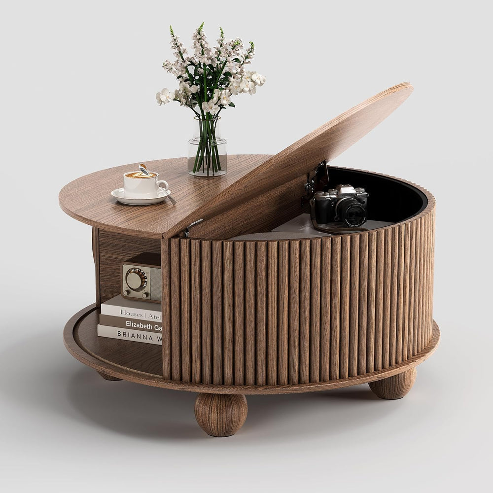 JOINICE 31.5" Round Coffee Table with Storage,Unique Bun Feet,Walnut Finish