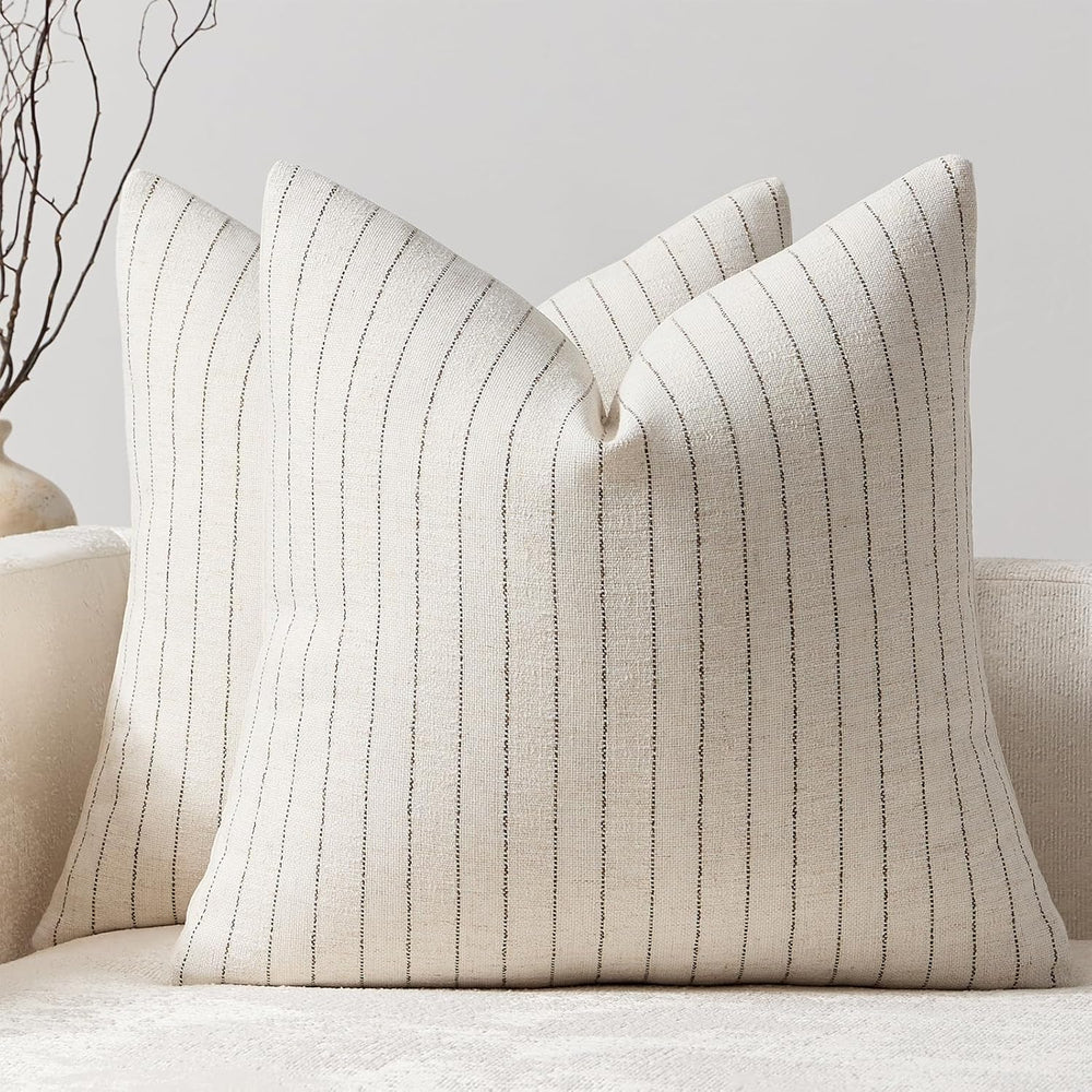 DEZENE Pack of 2 Linen Striped Throw Pillow Covers 26x26 Neutral Euro Sham Co...