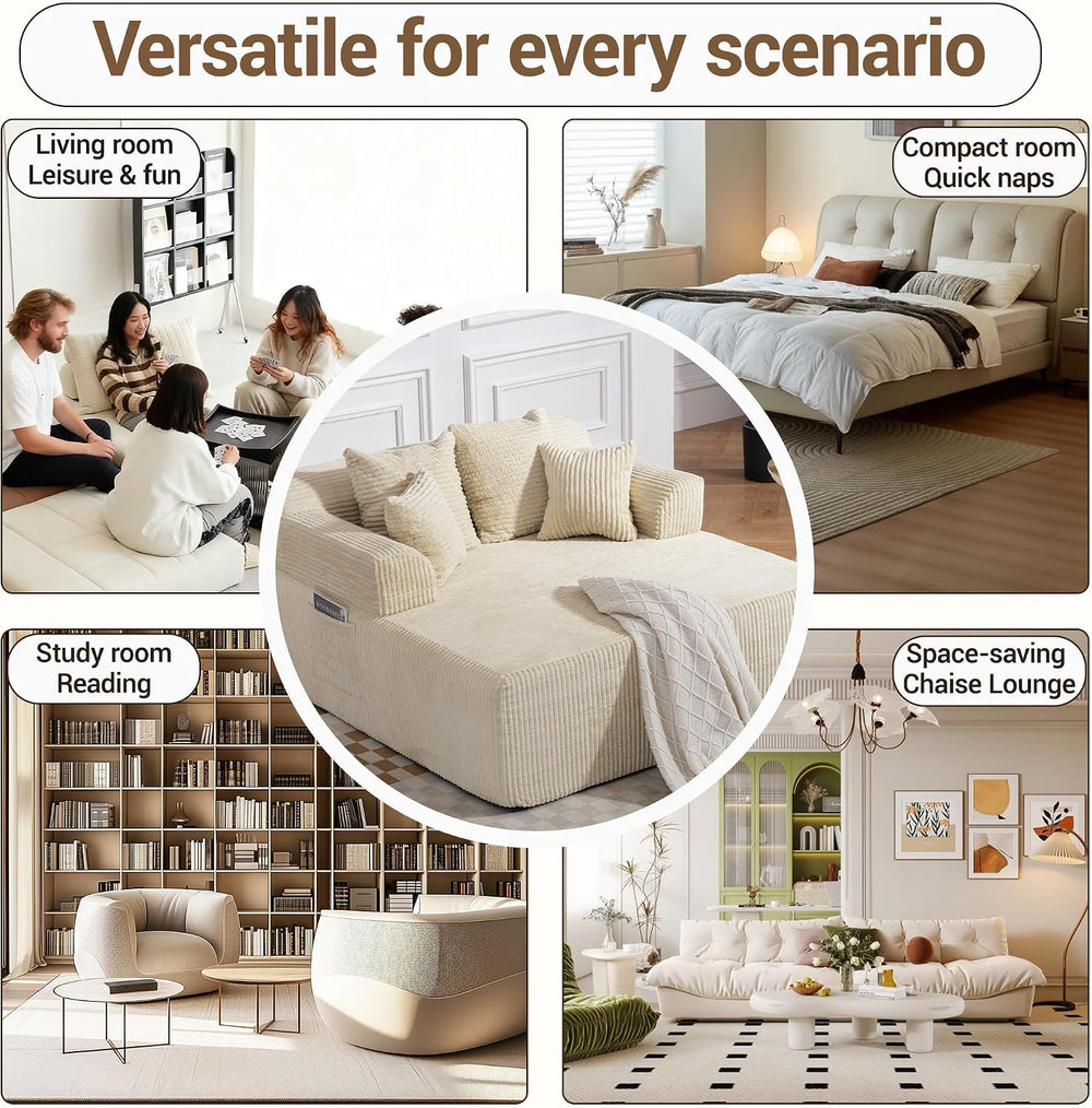 58" Oversized Floor Chaise Chair, Beige | Corduroy Lounge Chair Indoor S...