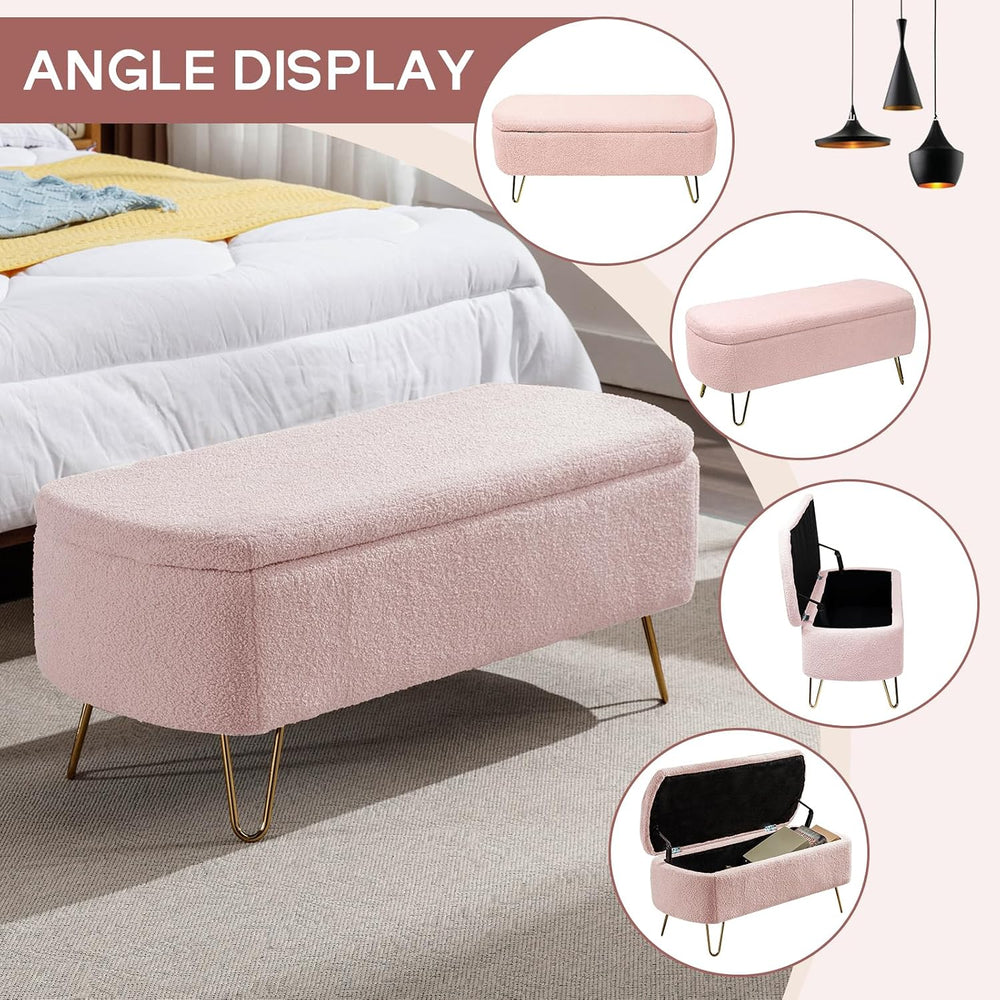 Modern Storage Ottoman Bench, Teddy Upholstered Entryway Bench with Gold Legs...
