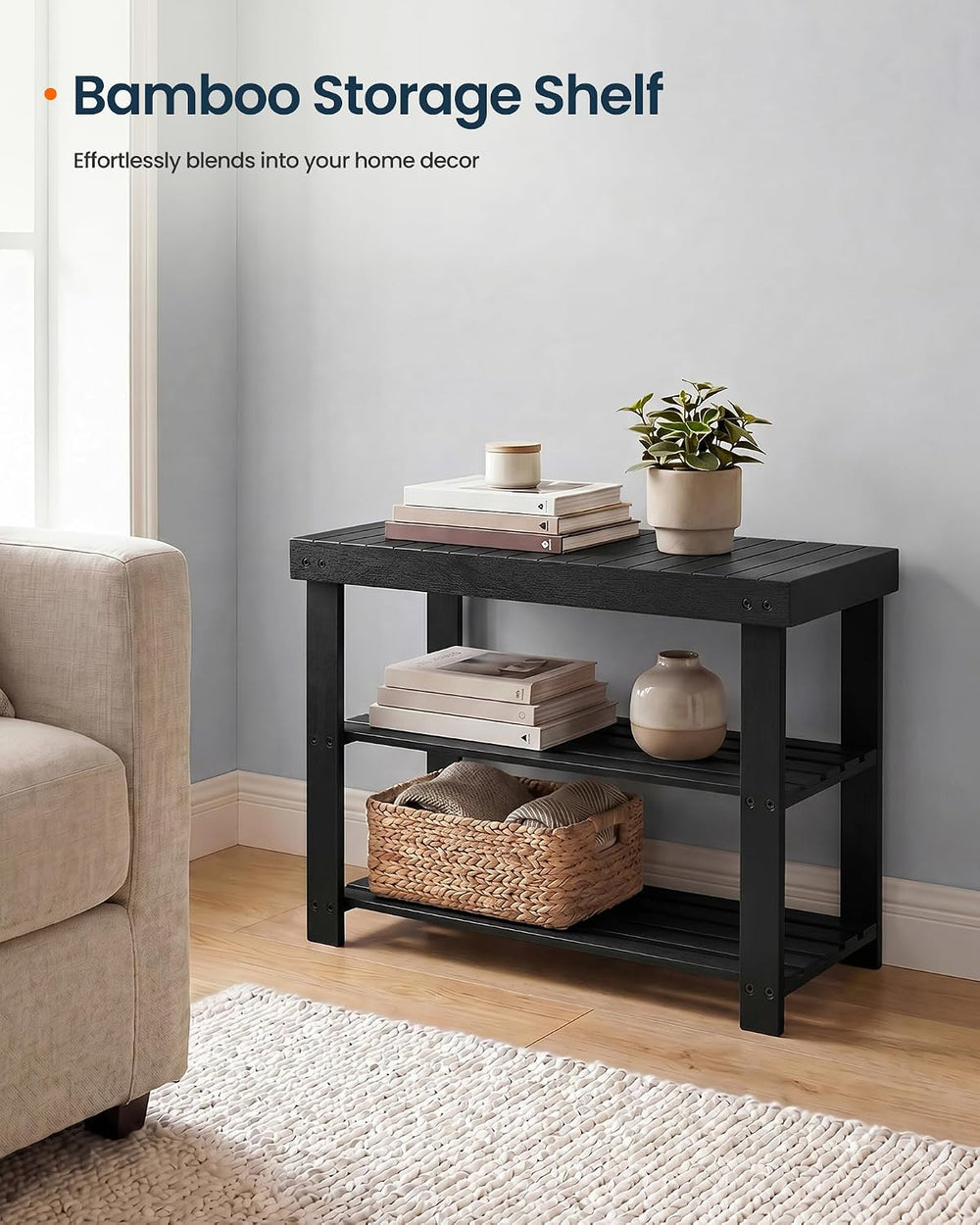 SONGMICS HOME 3-Tier Bamboo Shoe Bench, Shoe Rack, for Entryway Bathroom Bedr...