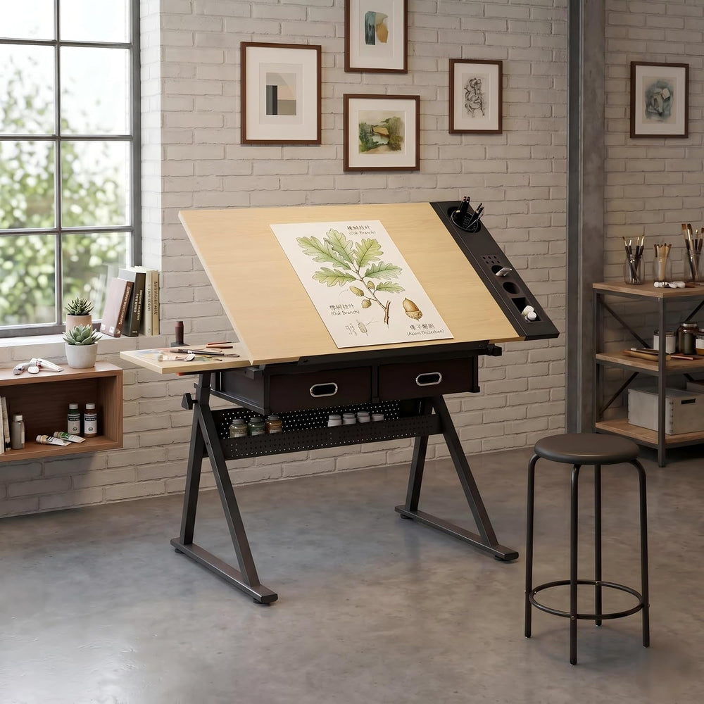 Adjustable Drawing Table with 2 Drawers & Stool, for Art & Work