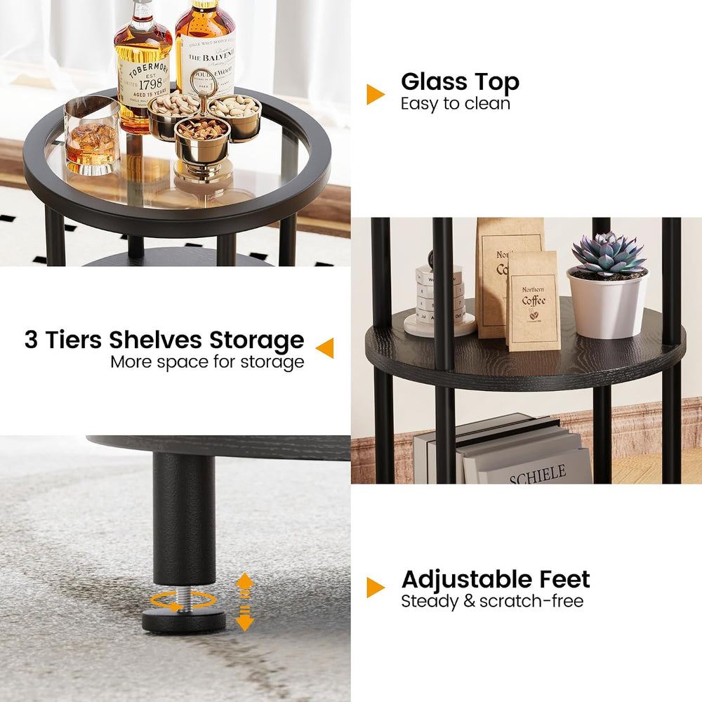Homeiju Glass Side Table, 3-Tier Glass End Table with Adjustable Feet, Bedsid...