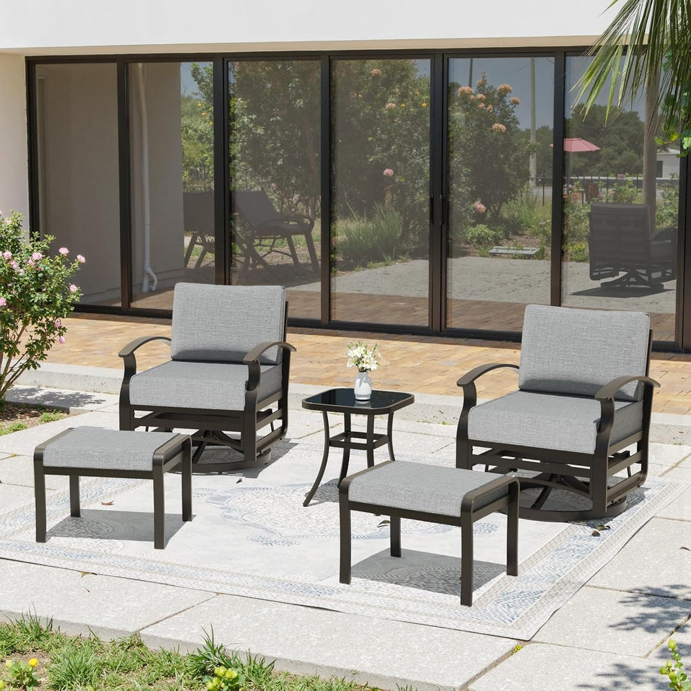 Gotland 5 Piece Patio Set, Aluminum Outdoor Swivel Chairs Set of 2 with 2 Ott...