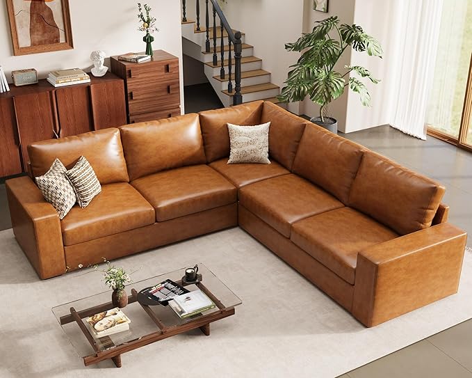 ELUCHANG 113" V-Shaped Modular Sectional Sofa Couch, Modern 5-Seat Premium Faux Leather Deep Seat Sofa with Corner, Removable Cover, Easy Assembly, Large Sofas & Couches for Living Room, Office, Brown | Spring Cushions, Easy to Clean