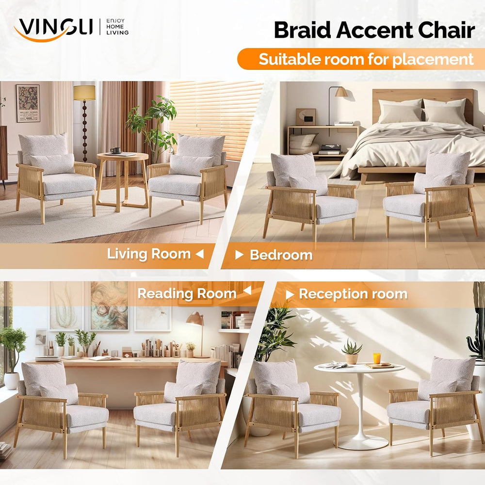 VINGLI Boho Braid Accent Armchairs Set of 2,Mid-Century Modern Chiars with So...